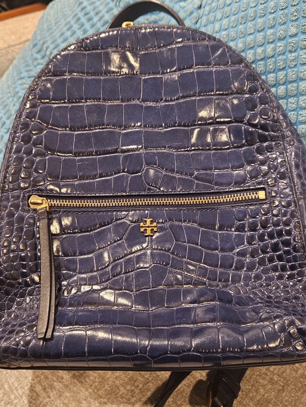 Tory Burch Navy Croc-Embossed Leather Backpack